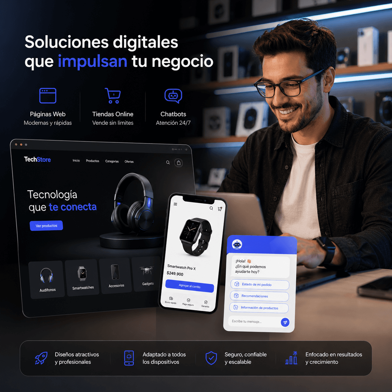 Paginas web, chatbot, tiendas online